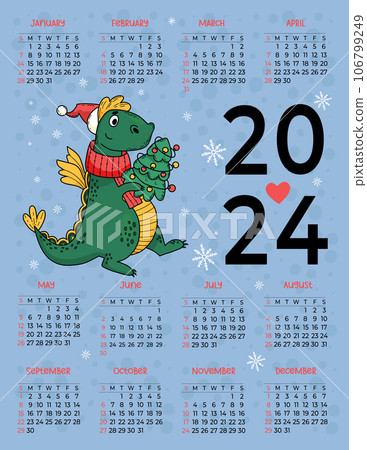 2024 annual calendar Cute dragon with Christmas tree on blue background. Vector vertical template 12 months in English. Week on Sunday. 2024 year dragon according to eastern calendar. Stationery. 106799249