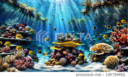 Seafloor illustration group of fish swimming around a coral reef Seafloor illustration group of fish swimming around a coral reef 106799668