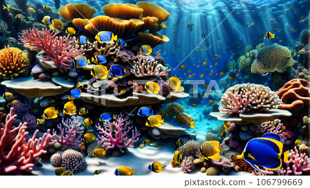 Seafloor illustration group of fish swimming around a coral reef 106799669