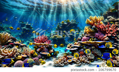 Seafloor illustration group of fish swimming around a coral reef 106799670
