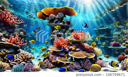 Seafloor illustration group of fish swimming around a coral reef Seafloor illustration group of fish swimming around a coral reef 106799671
