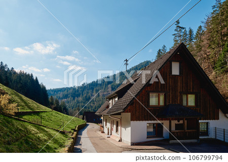 Mountain cottage in the Alps. Panoramic view of beautiful mountain landscape in the Bad Rippoldsau-Schapbach in the Black Forest, area near Burgbach Wasserfall, Baden-Wurttemberg, southern Germany. Mountain cottage in the Alps. Panoramic view of beautiful mountain landscape in the Bad Rippoldsau-Schapbach in the Black Forest, area near Burgbach Wasserfall, Baden-Wurttemberg, southern Germany. 106799794