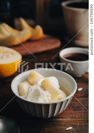 Ice Cream with Slices of Honeydew Melon Ice Cream with Slices of Honeydew Melon 106799890