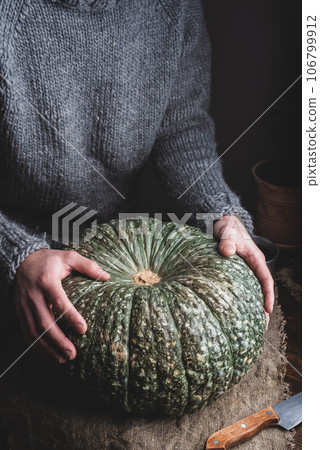 Hands Putting Green Pumpkin on Table Hands Putting Green Pumpkin on Table 106799912
