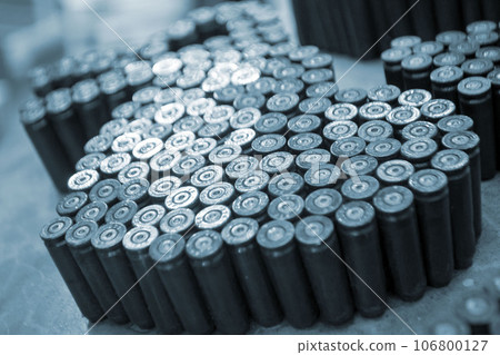 Object made up of spent used cartridge cases. Lots used shells from cartridge cases ammo close up. Model from Many Used cartridge Cases. Concept war military confrontation defense protection firearm 106800127