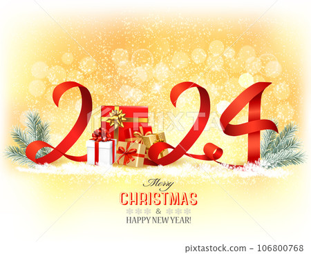 Happy New Year and Christmas holiday background with a 2024 and gift boxes and red ribbons. Vector. 106800768