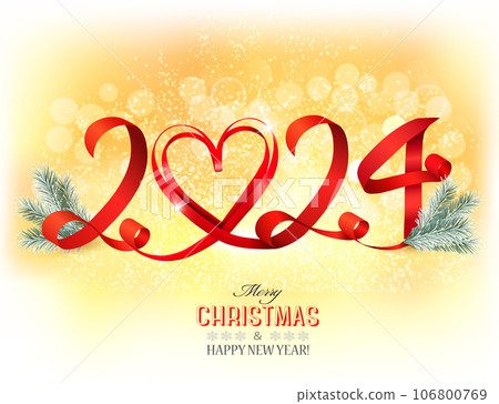 Merry Christmas and Happy New Year. Yellow Glowing background with numbers 2024 and heart made of red ribbon and Christmas tree branches. Vector 106800769