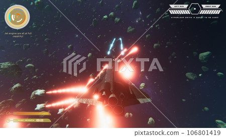 Science fiction singleplayer game with spaceship shooting laser bullets at meteorites using crosshair overlay to accurately hit targets. Spacecraft flying in cosmos, ray tracing graphics and high FPS 106801419