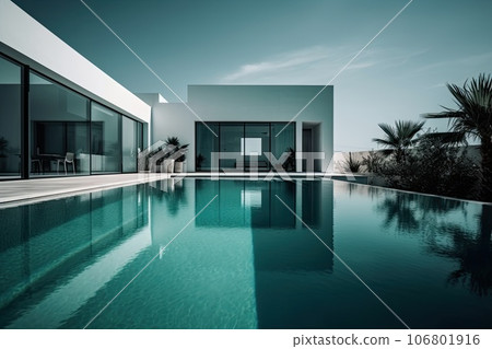 Design house - modern villa with open plan living and private bedroom wing. Large terrace with privacy and, swimming pool. Generative AI. 106801916
