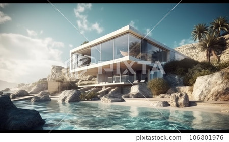 Design house - modern villa with open plan living and private bedroom wing. Large terrace with privacy and, swimming pool. Generative AI. 106801976