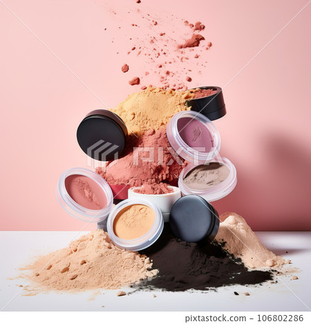 Make-up products studio shot, cosmetics on studio background, floating eye shadows and lipstick Make-up products studio shot, cosmetics on studio background, floating eye shadows and lipstick 106802286