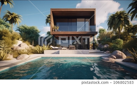 Design house - modern villa with open plan living and private bedroom wing. Large terrace with privacy and, swimming pool. Generative AI. 106802583