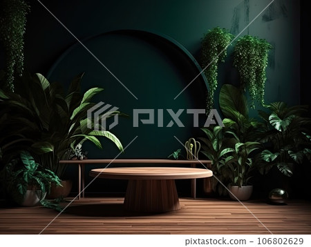 Green podium in modern tropical background for product placement 3d render. AI Generative 106802629