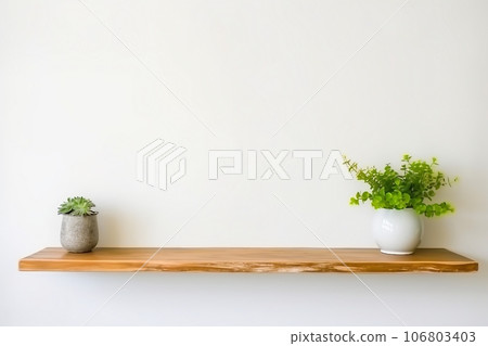 interior design, wooden shelf on white wall with green plant. interior design, wooden shelf on white wall with green plant. 106803403