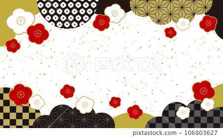 Plum and Japanese Pattern Japanese Style New Year Banner Frame Background/Top and Bottom Pattern, Black, Gold Leaf 106803627