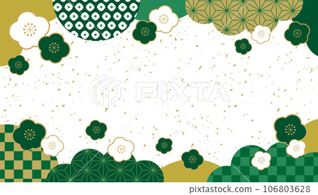 梅花和日本圖案日式新年橫幅框架背景/頂部和底部圖案，綠色，金葉 106803628