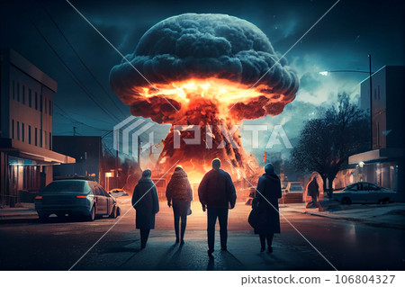 The concept of nuclear war. Explosion of a nuclear bomb. Silhouettes of people standing against the backdrop of a giant mushroom cloud of an atomic explosion. selective focus 106804327
