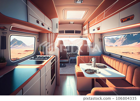 Camper motorhome interior. mobile home interior. Auto house inside. Living room and dining room. Dinner table Camper motorhome interior. mobile home interior. Auto house inside. Living room and dining room. Dinner table 106804335