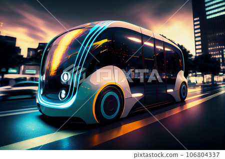 Energy Efficient Autonomous Vehicle. Shot of a futuristic unmanned van driving on a public highway in a modern city. Energy Efficient Autonomous Vehicle. Shot of a futuristic unmanned van driving on a public highway in a modern city. 106804337