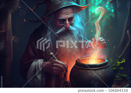 elderly alchemist monk brews magic potion 106804338