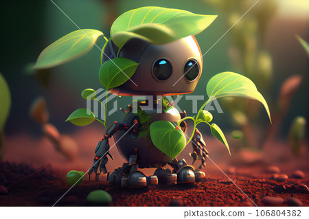 robot with green leaves, ecology technology concept. 106804382