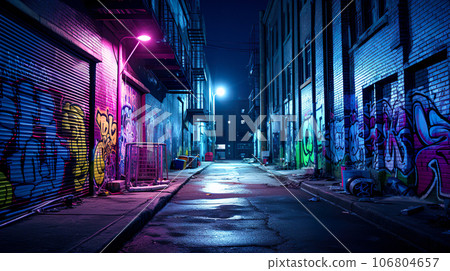 “AI-generated image” of a back alley full of graffiti at night 106804657