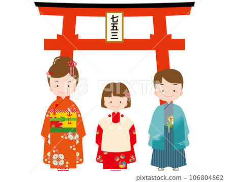 日本七五三活動期間,孩子們穿著傳統服裝站在鳥居門前 日本七五三活動期間,孩子們穿著傳統服裝站在鳥居門前 106804862