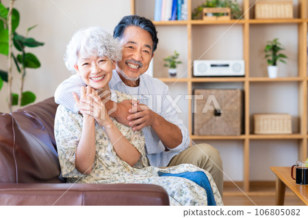 A friendly senior couple relaxing in the living room 106805082