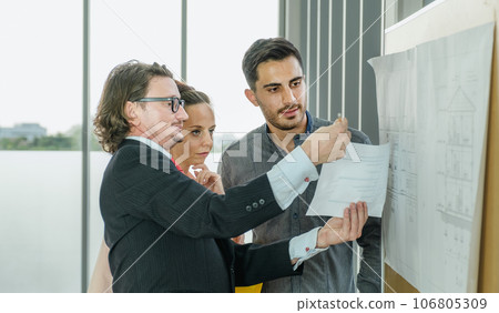 Engineer team is meeting to inspect the construction blueprint drawings, work plan and distribute work before starting the building 106805309