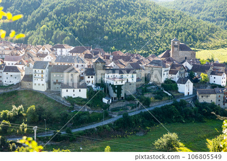 Shot of historical settlement of Anso and its surroundings, medieval urban Gothic buildings 106805549