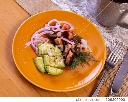 Vegetable appetizer of sliced tomatoes, avocado and onion Vegetable appetizer of sliced tomatoes, avocado and onion 106806000