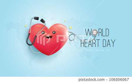 World heart day concept. stethoscope with heart shape, heart wave sign, hug the globe, happy earth day, world map background. vector design. 106806067