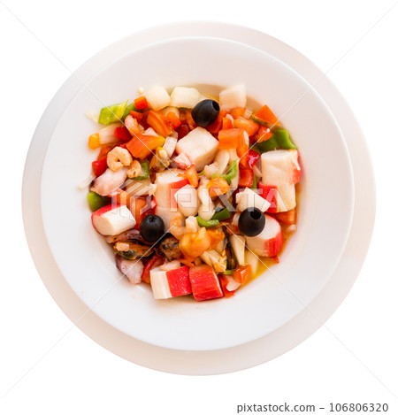 Seafood and vegetable salad served on platter Seafood and vegetable salad served on platter 106806320