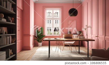 帶粉紅色內飾的書房室內圖像 AI 插圖 106806535