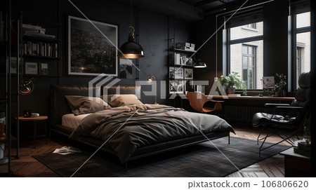 Bedroom with black interior interior image AI illustration Bedroom with black interior interior image AI illustration 106806620