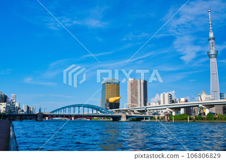 View of Tokyo Sky Tree and Azumabashi from Sumida River Terrace 106806829
