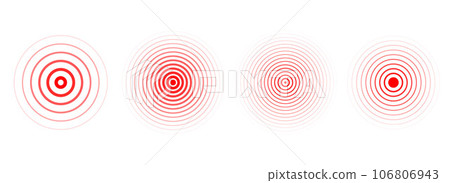 Red concentric ripple circles set. Sonar or sound wave rings collection. Epicentre, target, radar icon concept. Radial signal or vibration elements. Halftone vector illustration 106806943