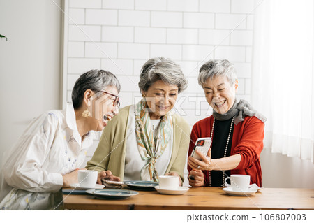 高級朋友在咖啡館喝茶/高級女性看智能手機 高級朋友在咖啡館喝茶/高級女性看智能手機 106807003