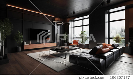 Living room with black interior interior image AI illustration 106807177
