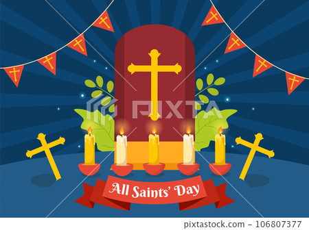 All Saints Day Vector Illustration on 1st November with for the All Souls Remembrance Celebration with Candles in Flat Cartoon Background Design 106807377