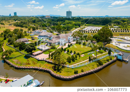Aerial view of Astana palace in Kuching city, Sarawak, Borneo island, Malaysia 106807773