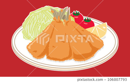 Fried horse mackerel on a plate with white border 106807793