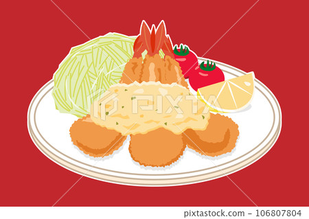 Fried shrimp with tartar sauce on a plate with white border 106807804