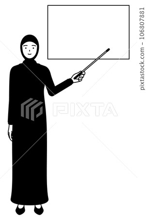 伊斯蘭婦女用指點棒指著白板 伊斯蘭婦女用指點棒指著白板 106807881