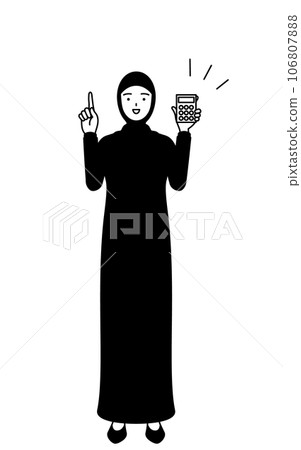 伊斯蘭婦女用計算器指著 伊斯蘭婦女用計算器指著 106807888