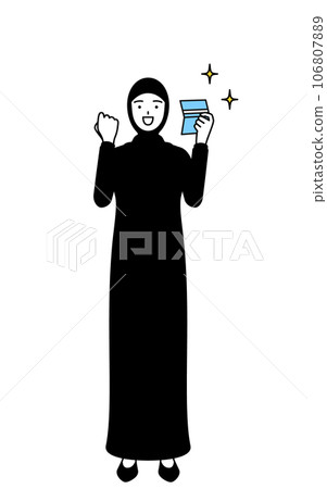 伊斯蘭婦女高興地看著她的銀行存摺 伊斯蘭婦女高興地看著她的銀行存摺 106807889