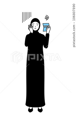 穆斯林婦女看著她的銀行存摺感到沮喪 穆斯林婦女看著她的銀行存摺感到沮喪 106807890