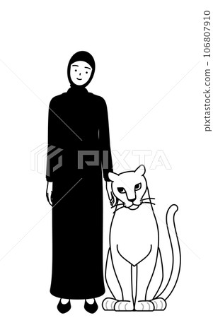 伊斯蘭婦女撫摸她的寵物母獅 伊斯蘭婦女撫摸她的寵物母獅 106807910