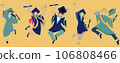 Vector illustration of a joyful group celebrating graduation. Jumping while holding college or school diplomas. Flat illustration cartoon style. Suitable for banner, advertisement and social media. 106808466