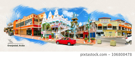 Street view of busy tourist shopping district in Caribbean city 106808478